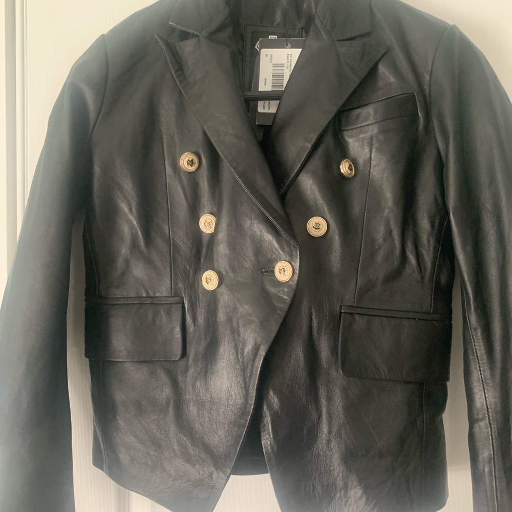 Black Double Breasted Kim Kardashian Leather Jacket Blazer